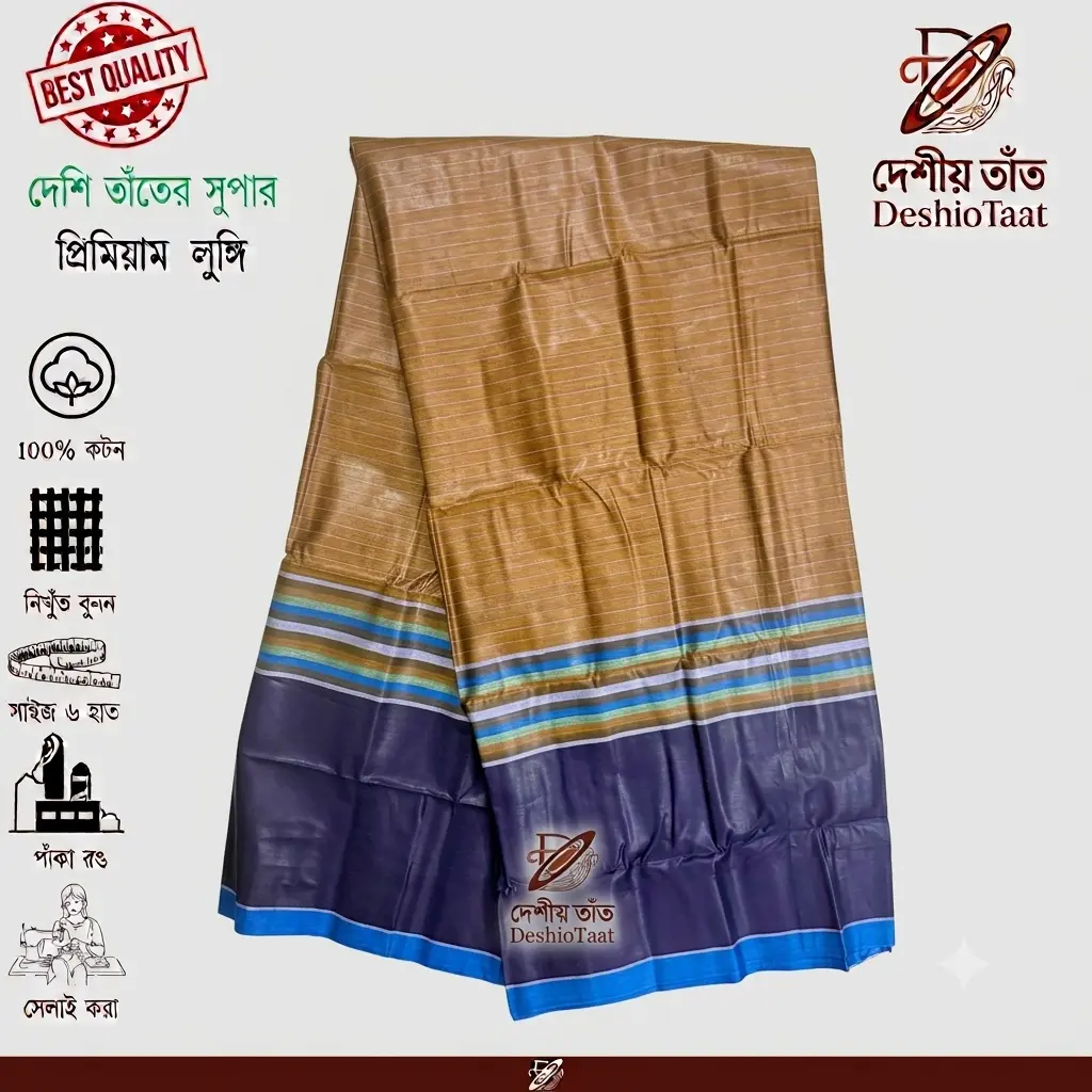 Gold Bi-Color Handloom Cotton Lungi with Navy Border for Men - Deshi o Taat