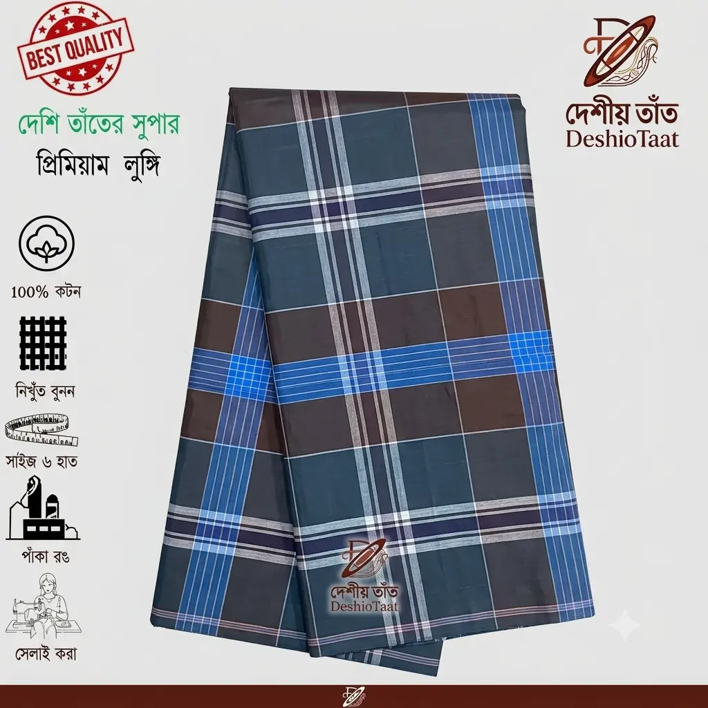 Charcoal Blue Multi Check Handloom Cotton Lungi for Men - Deshi o Taat